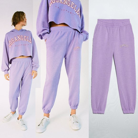 Zara | Pants u0026 Jumpsuits | New Zara High Waist Varsity Jogger Sweat Pants  Light Lilac Los Angeles Cali L | Poshmark
